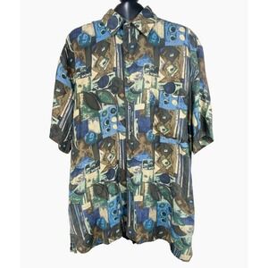 Cezar Silk Short Sleeve Shirt Men's L Blue Brown Vintage Fine Soft Relaxed